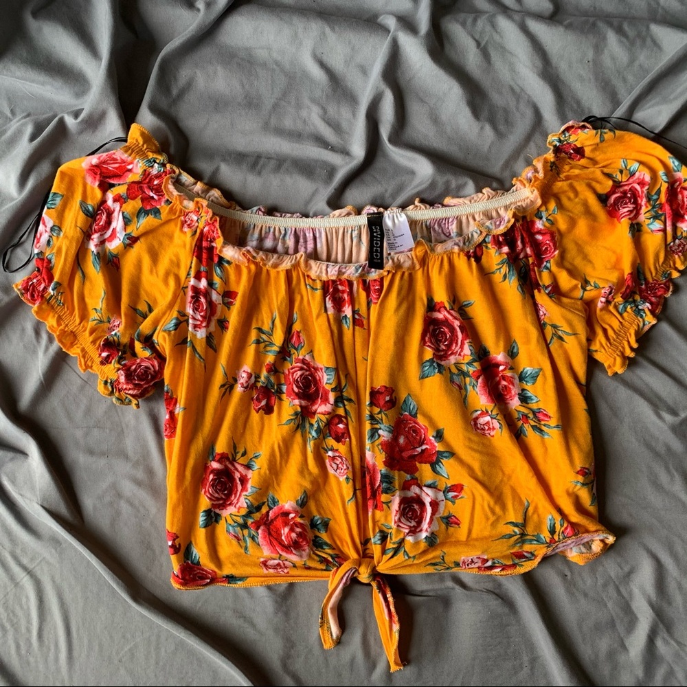 H&M yellow floral off the shoulder crop top